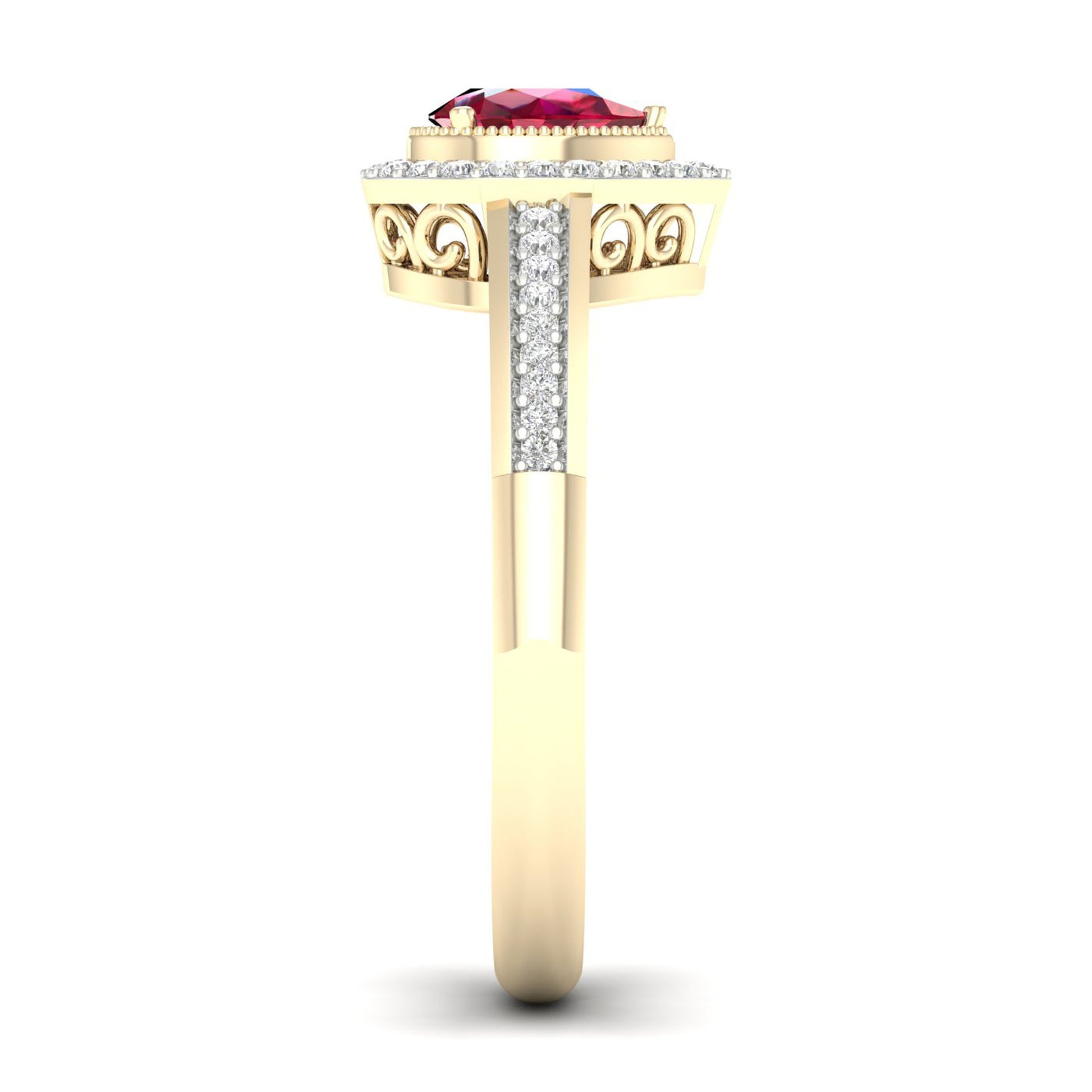 Red Pear-Shaped Ruby and 1/8 ct. tw. Diamond Halo Ring with Milgrain and Filigree Design in 10K Yellow Gold front view