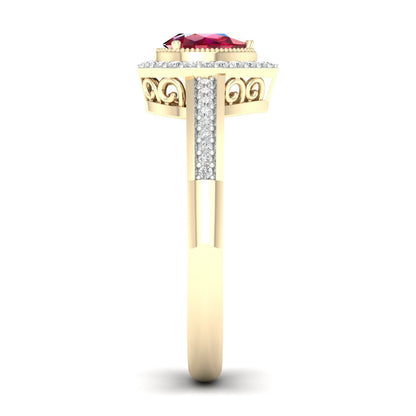 Red Pear-Shaped Ruby and 1/8 ct. tw. Diamond Halo Ring with Milgrain and Filigree Design in 10K Yellow Gold front view