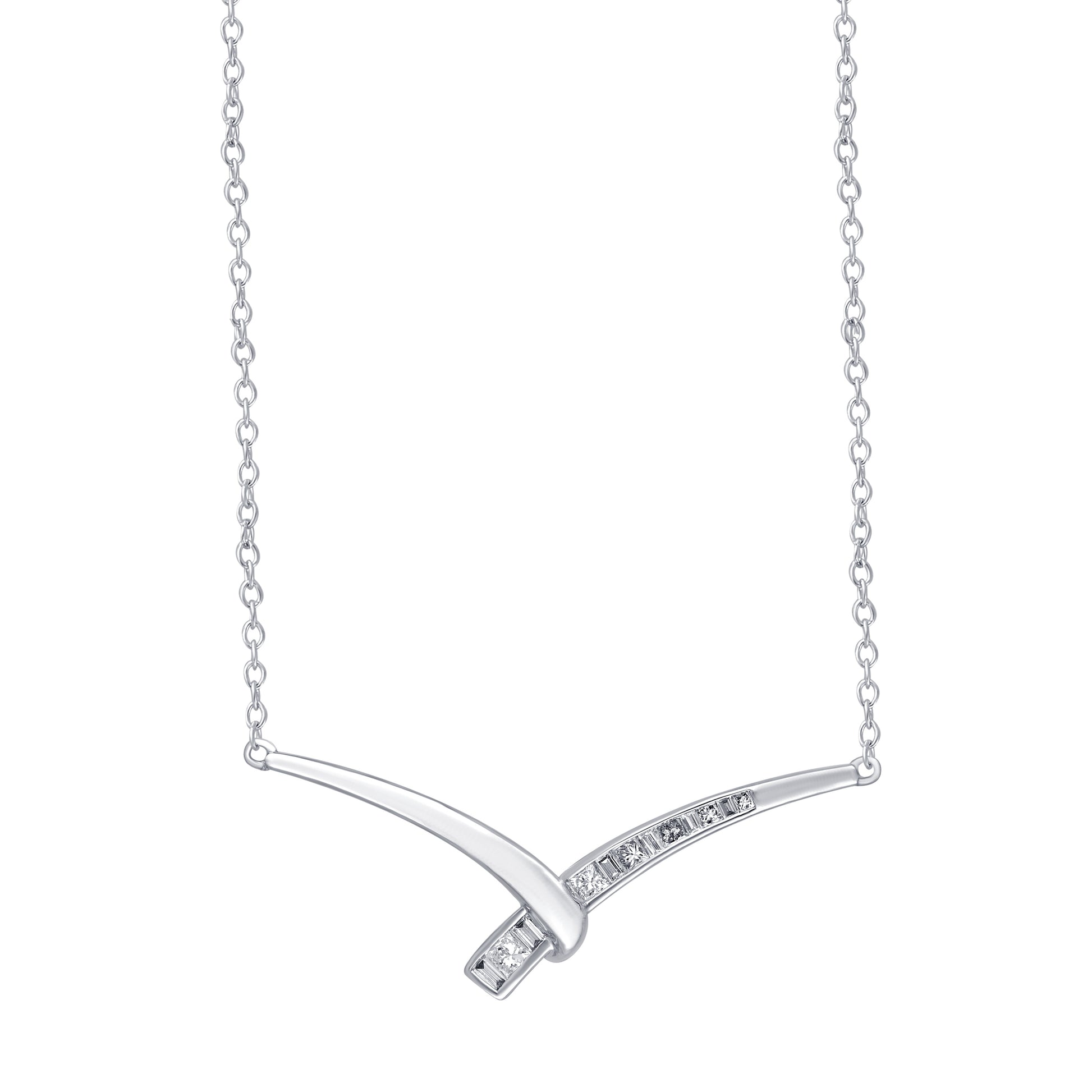 Kallati 1/3 ct. tw. Princess Cut & Baguette Diamond Chevron Bar Necklace in 14K White Gold