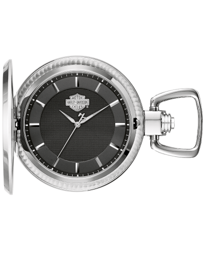Harley Davidson Men's Black Dial Pocketwatch with 15-inch Swag Chain in Brushed & Polished Stainless Steel