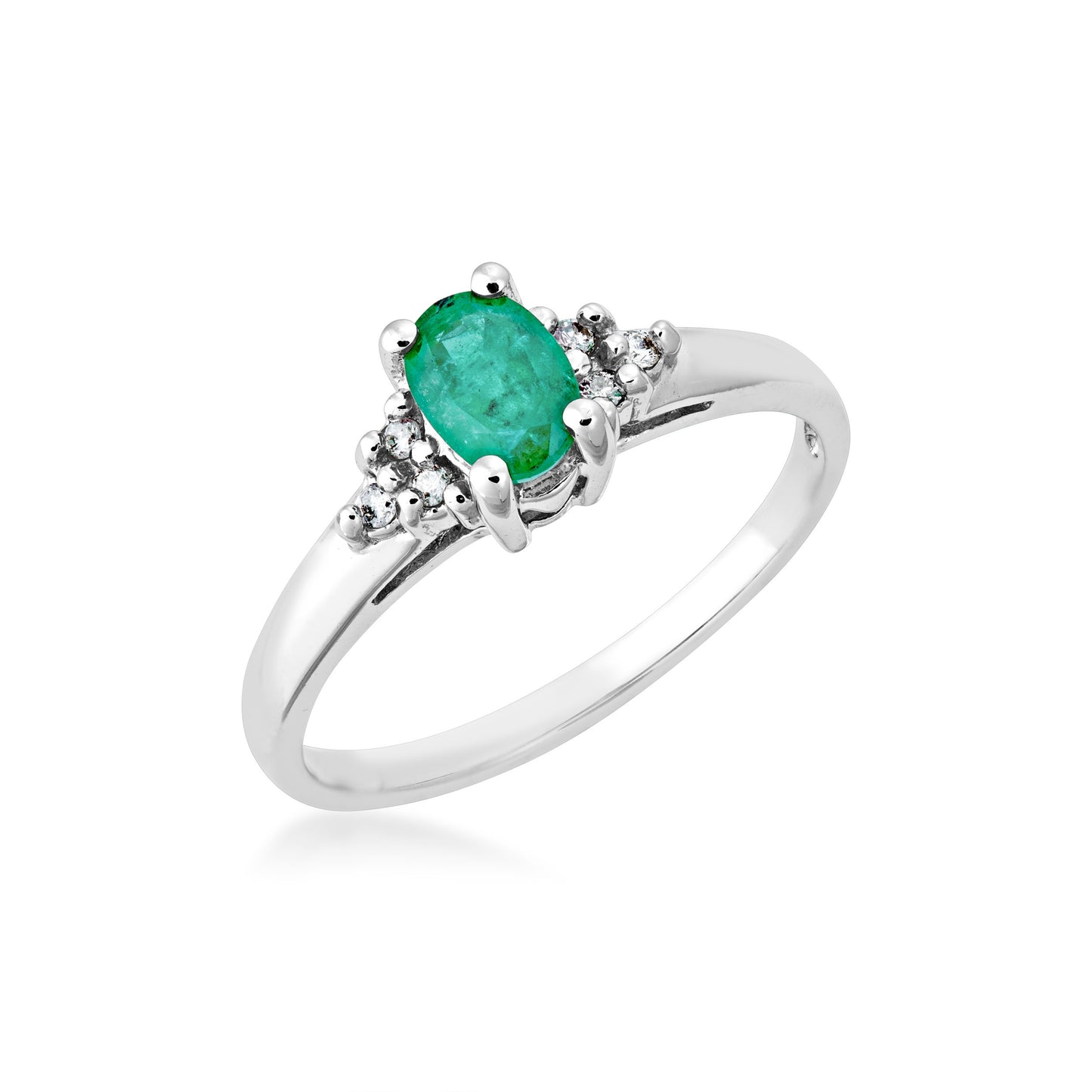 Genuine Oval Shaped Emerald and .05 ct. tw. Diamond Ring in 10K White Gold front view