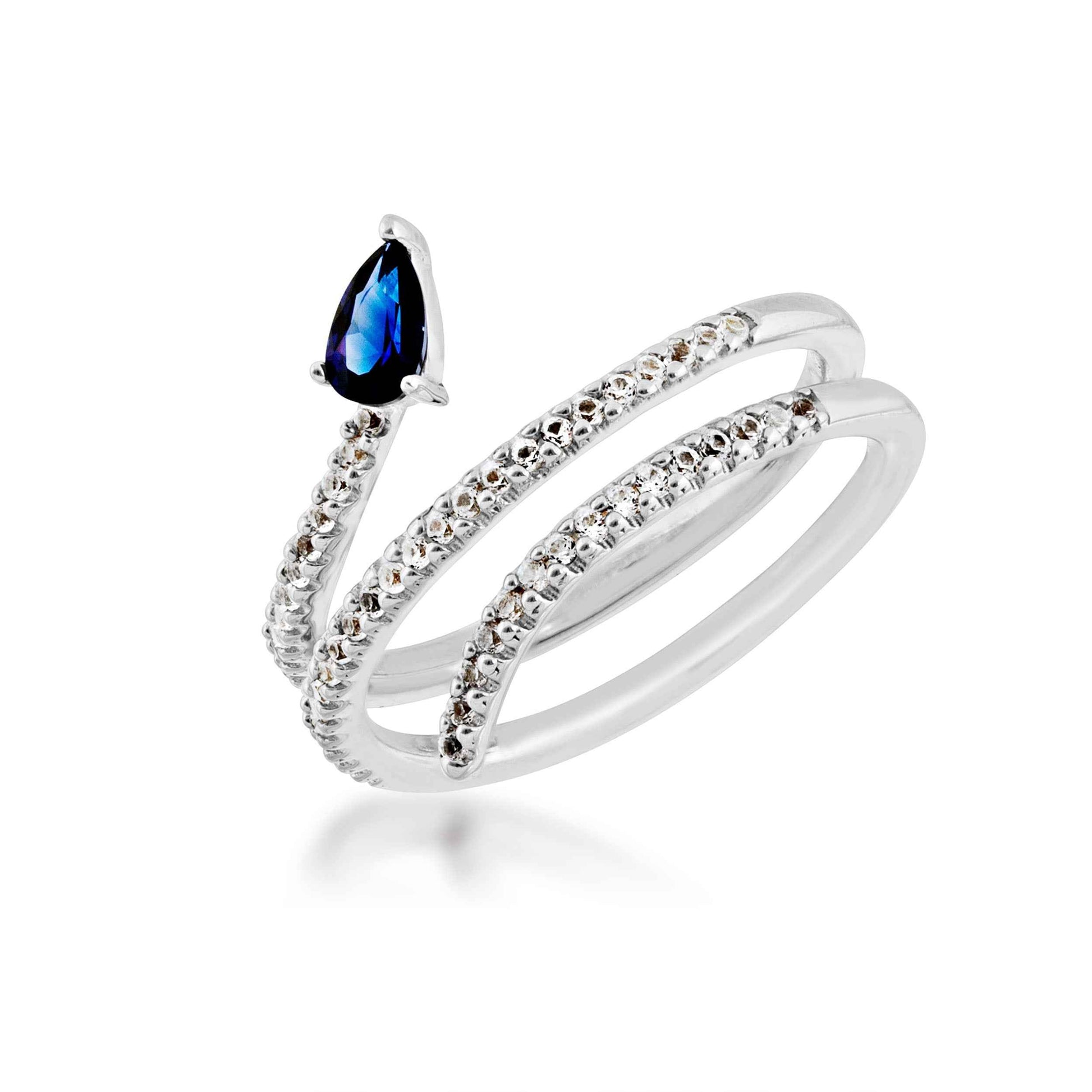 Created Pear-Shaped Blue and White Sapphire Wrap Ring in Sterling Silver
