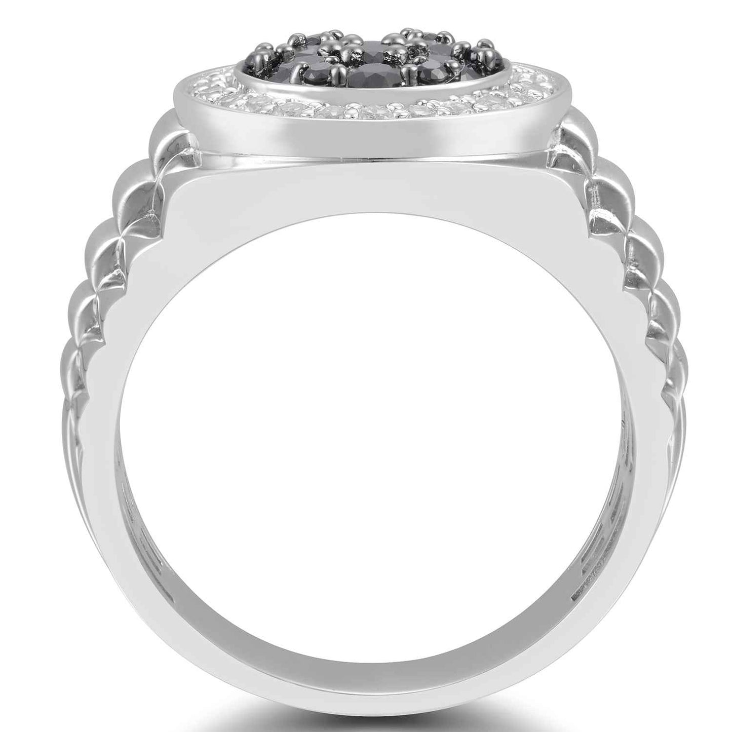Men's Created Black & White Sapphire Rolex Style Ring in Sterling Silver front view