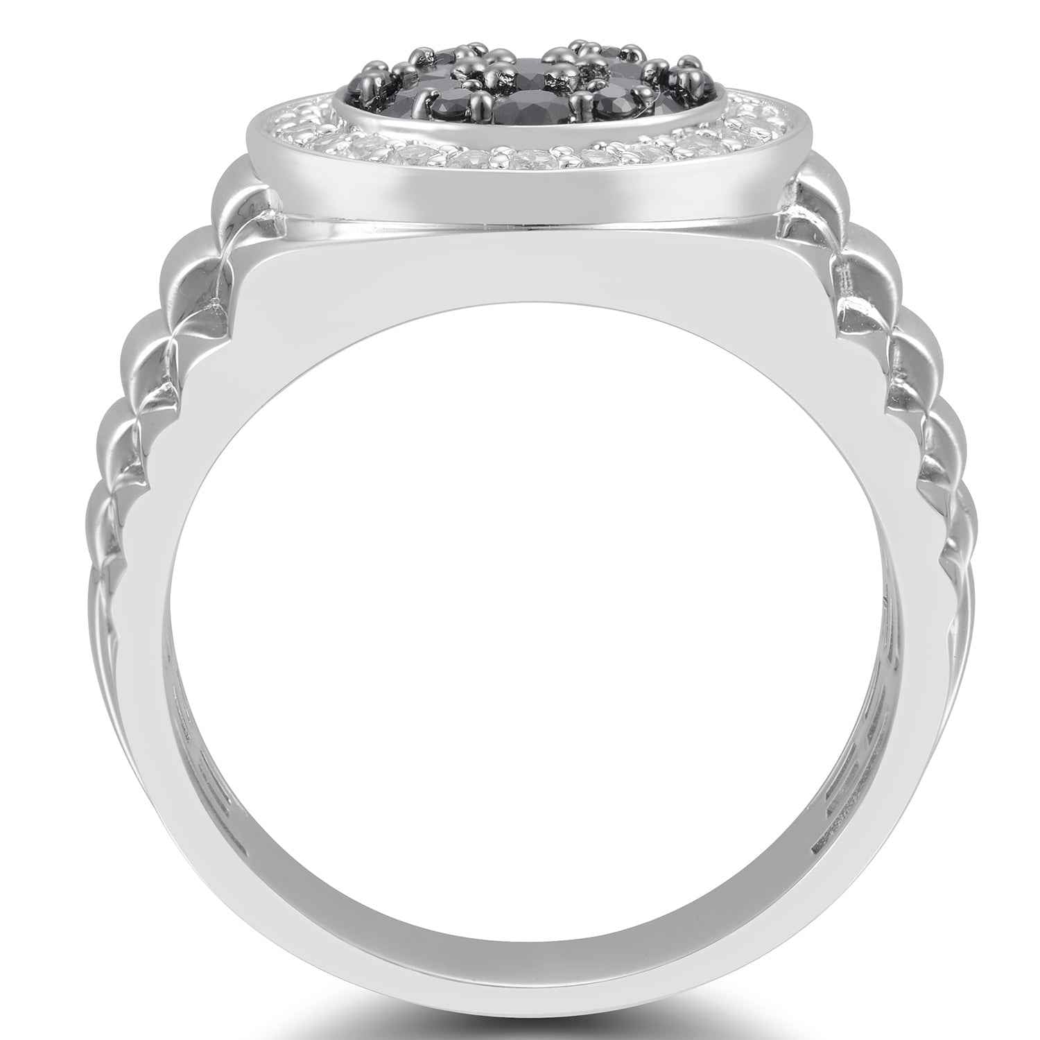 Men's Created Black & White Sapphire Rolex Style Ring in Sterling Silver front view