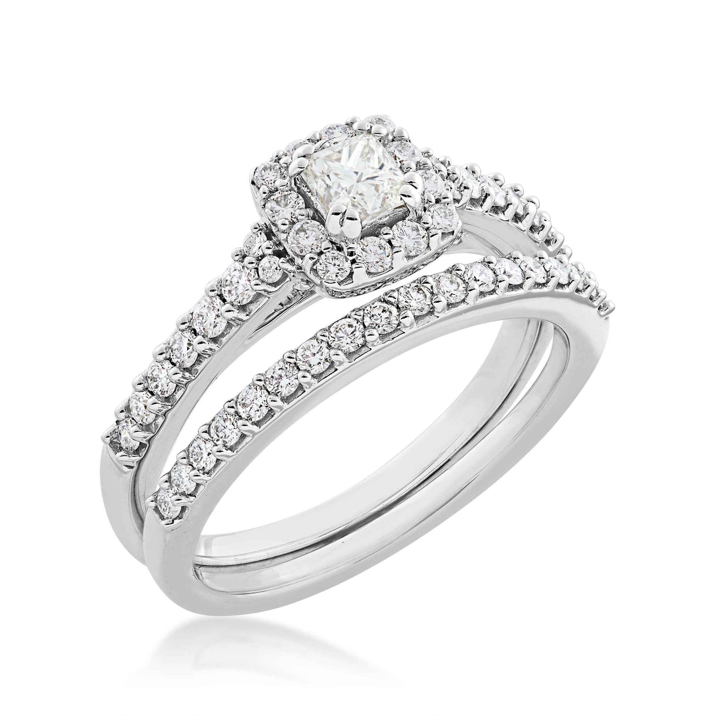Noventa 7/8 ct. tw Princess Cut Diamond with Halo Design Wedding Set with Undercarriage Cutout in 10K White close-up detail