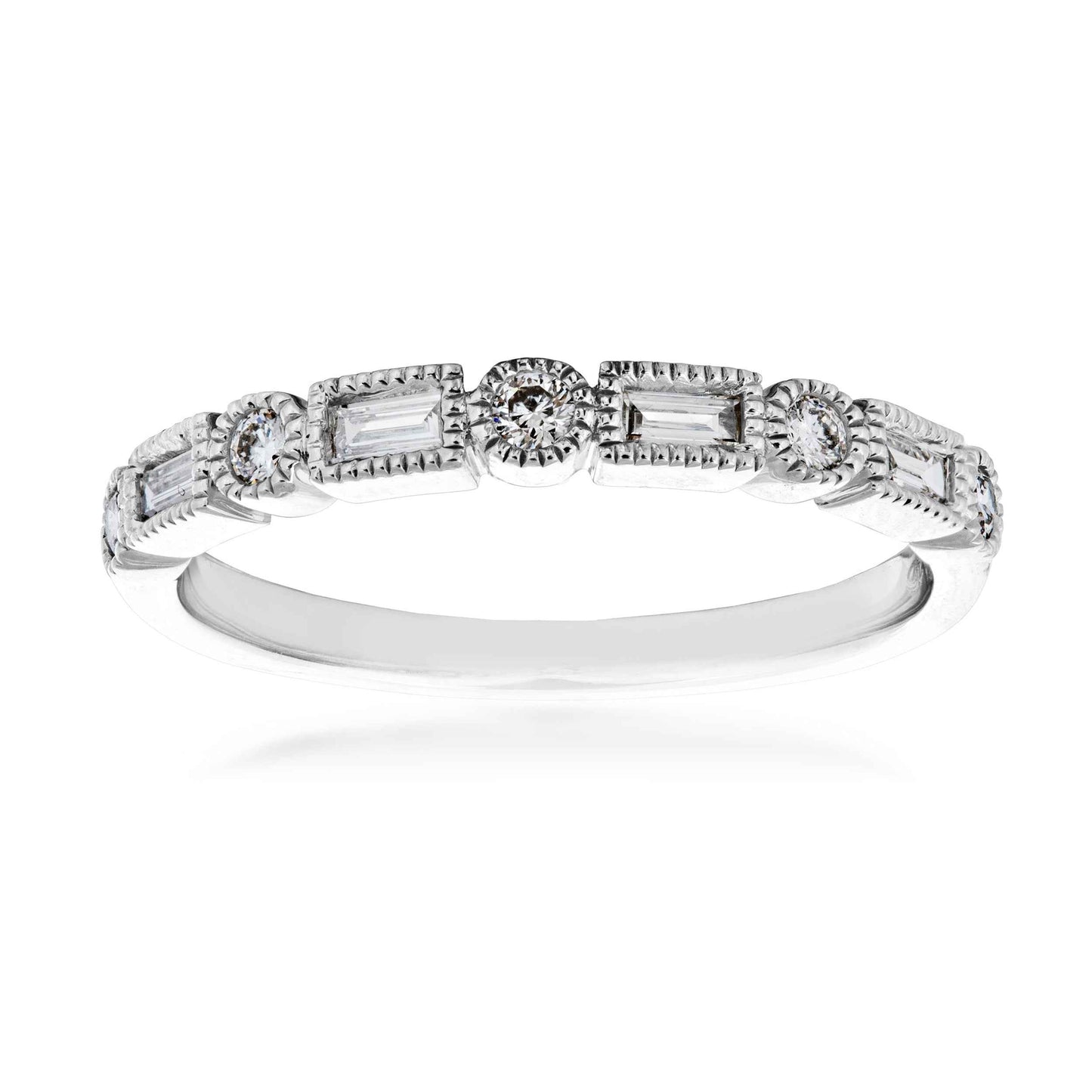 Perfect Match 1/4 ct. tw. Round & Straight Baguette Alternating Diamond Stackable Anniversary Band in 14K White Gold