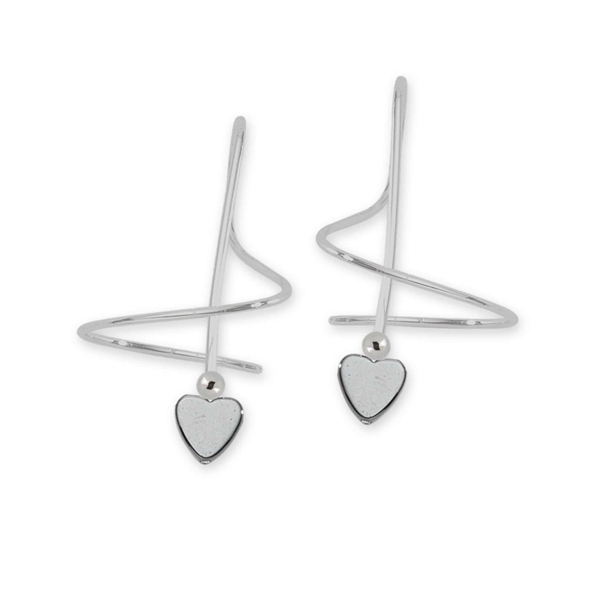 Single Spiral Hematite Heart Earrings In Rhodium-Plated Sterling Silver