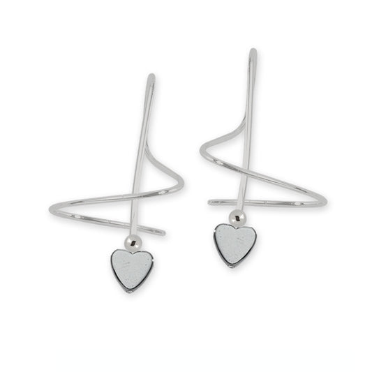 Single Spiral Hematite Heart Earrings In Rhodium-Plated Sterling Silver