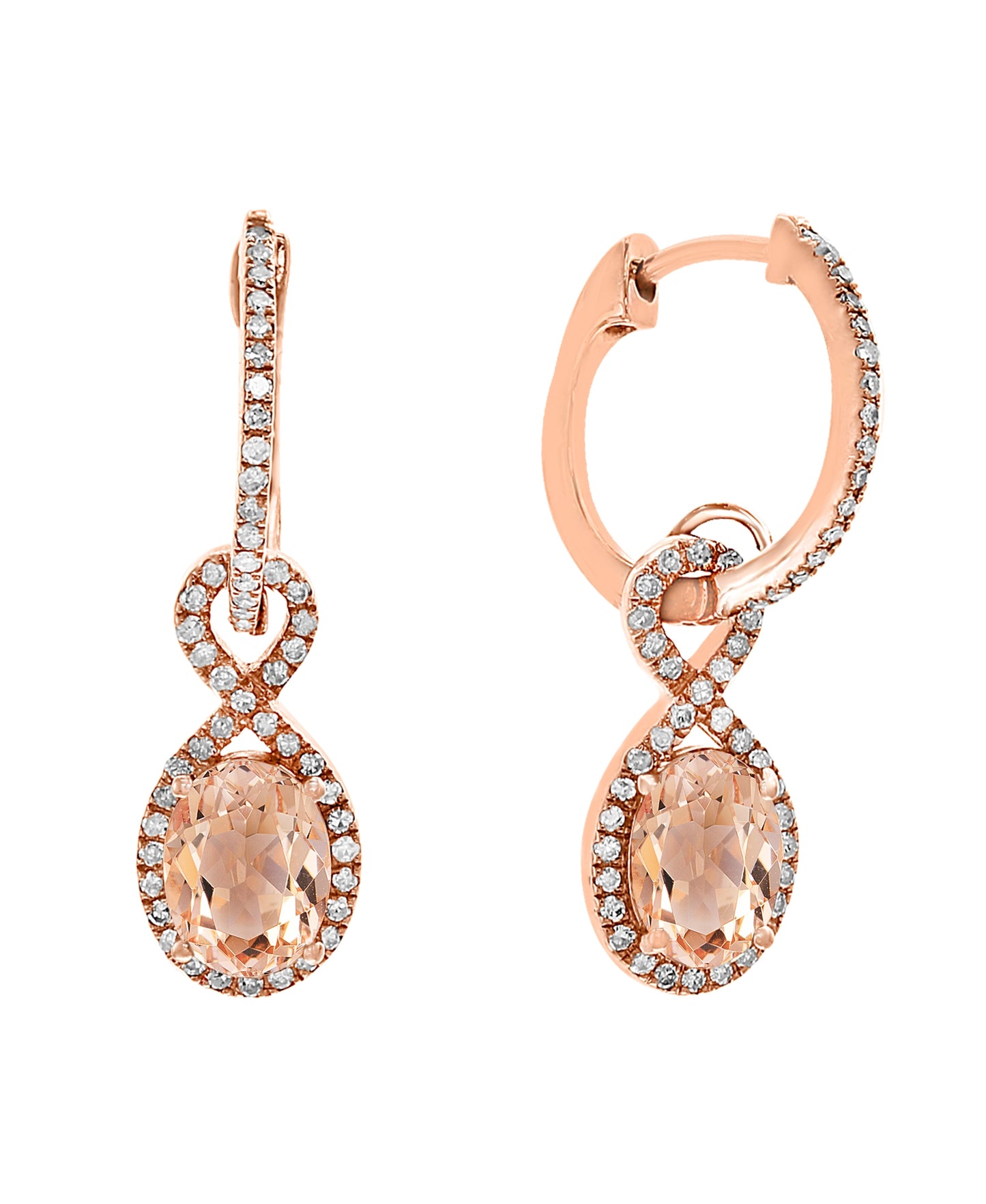 Impulse Collection Genuine Oval Peach Morganite Fashion Dangle Hoop Earrings with 1/3 ct. tw. Diamond Figure-8 Halo in 14K