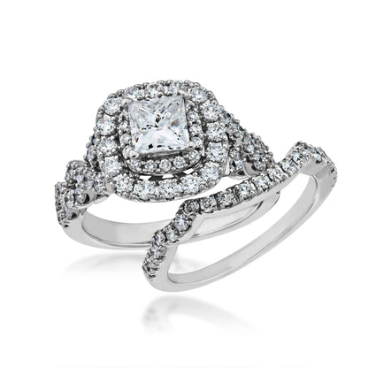 Natural 2-1/2 ct. tw. Princess Cut Diamond Double Halo Twist Wedding Set in 14K White Gold close-up detail