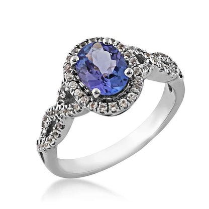 Oval Tanzanite and Created White Sapphire Ring in Sterling Silver front view