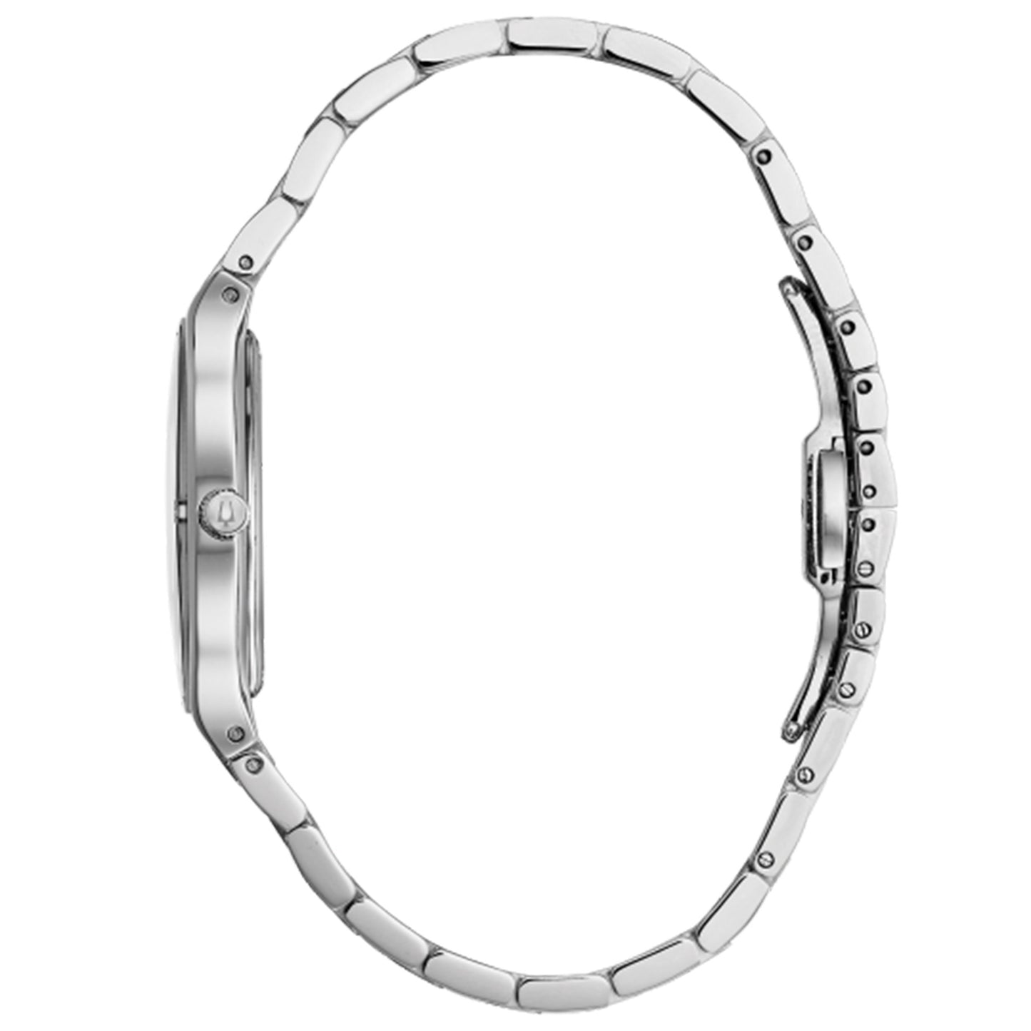 Bulova Ladies' Millennia Stainless Steel Watch with Black Mother-of-Pearl Dial and Silvertone Bracelet close-up detail