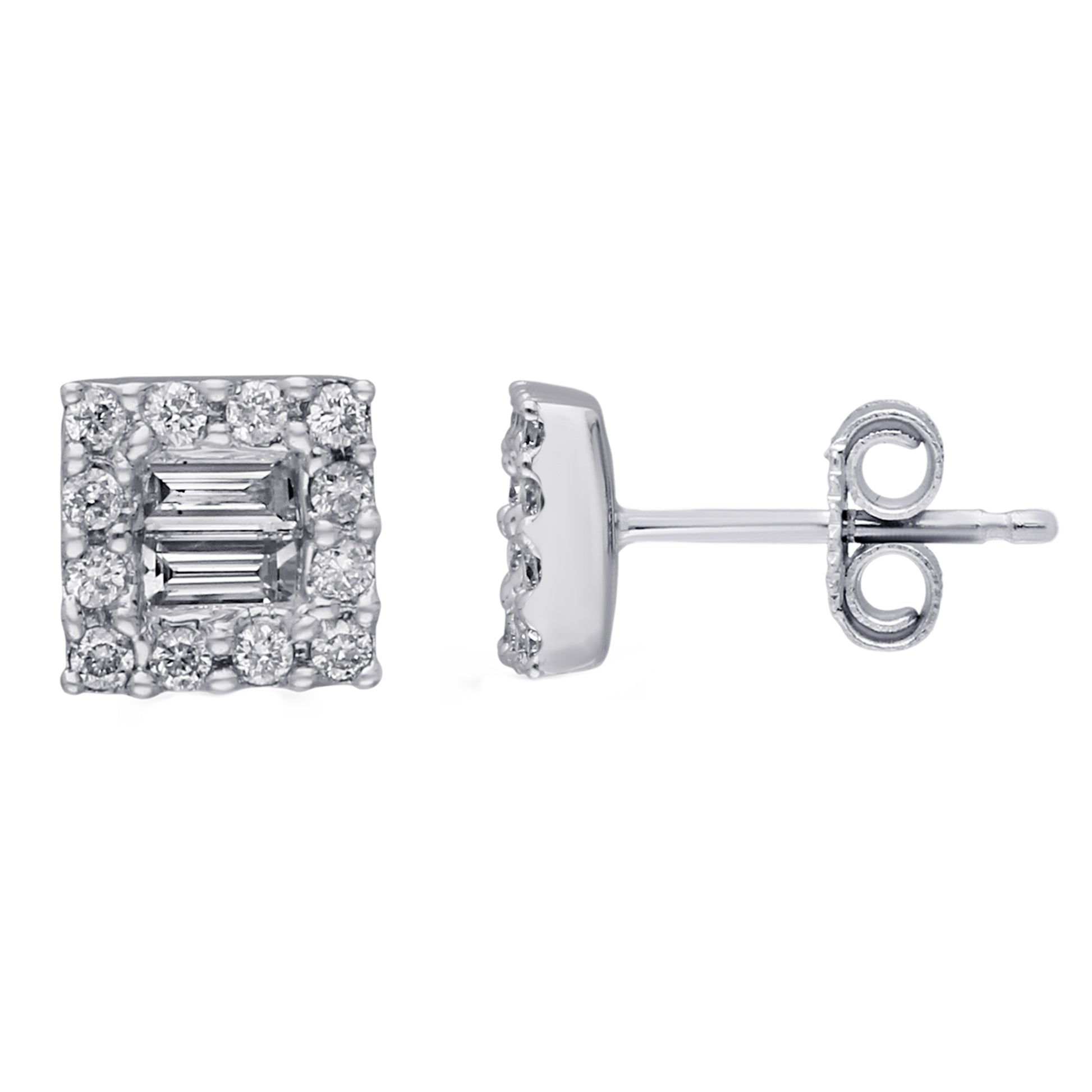 Kallati 1/3 ct. tw. Baguette & Round Diamond Square Halo Earrings in 14K White Gold
