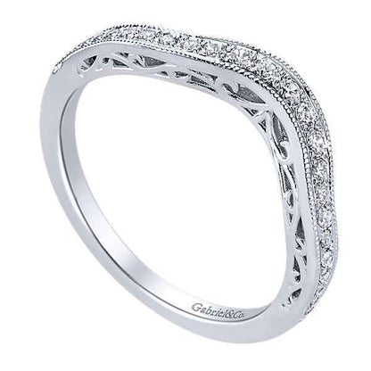 Gabriel & Co. .21 ct. tw. Curved Wedding Band with Filigree Side Detailing and Milgrain Edging in 14K White close-up detail