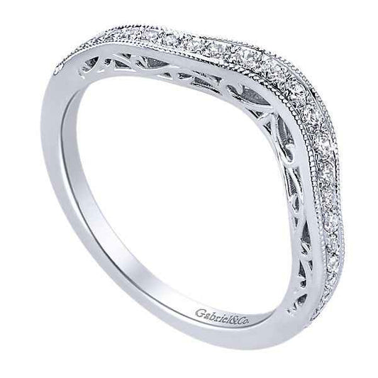 Gabriel & Co. .21 ct. tw. Curved Wedding Band with Filigree Side Detailing and Milgrain Edging in 14K White close-up detail