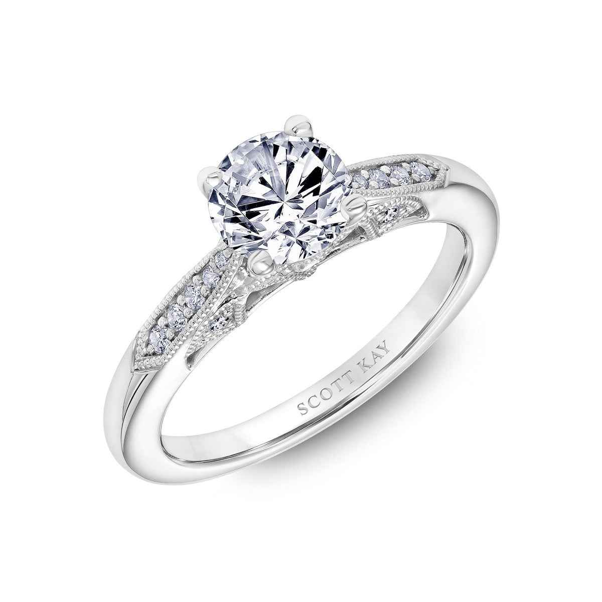 Scott Kay Heavens Gates 1/7 ct. tw. Diamond Semi-Mount Engagement Ring with Inset Diamonds and Milgrain Border in 14K White