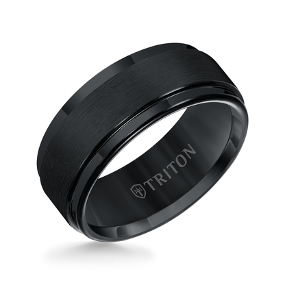 Triton Men's 9MM Black Tungsten Wedding Band with Brushed Center Finish
