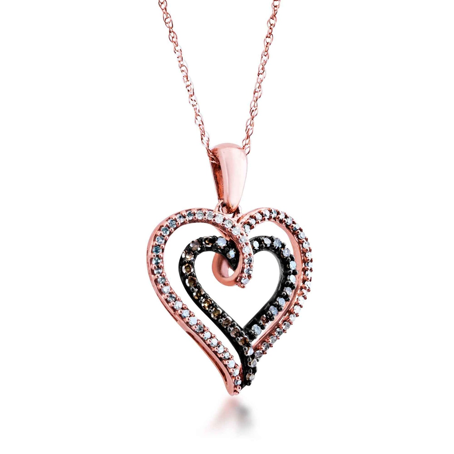 Mocha Collection 1/4 ct. tw. Round Pave Mocha & White Diamond Double Heart Fashion Pendant in 10K Pink Gold