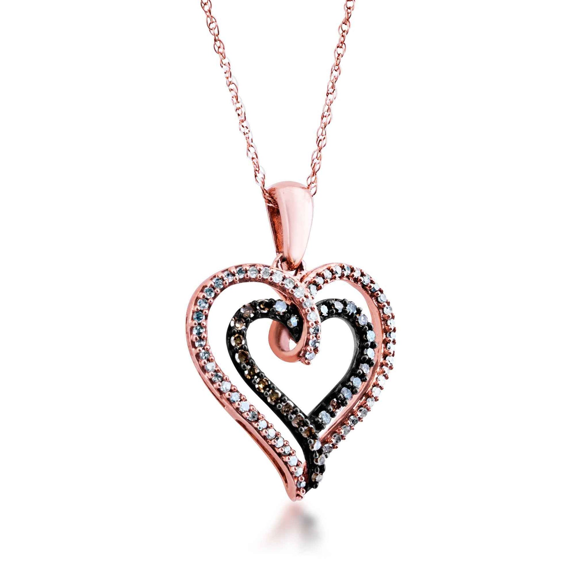Mocha Collection 1/4 ct. tw. Round Pave Mocha & White Diamond Double Heart Fashion Pendant in 10K Pink Gold