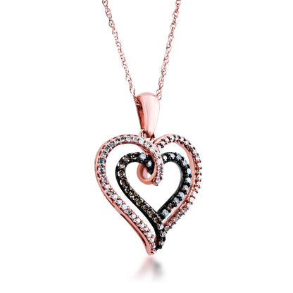 Mocha Collection 1/4 ct. tw. Round Pave Mocha & White Diamond Double Heart Fashion Pendant in 10K Pink Gold