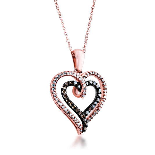 Mocha Collection 1/4 ct. tw. Round Pave Mocha & White Diamond Double Heart Fashion Pendant in 10K Pink Gold