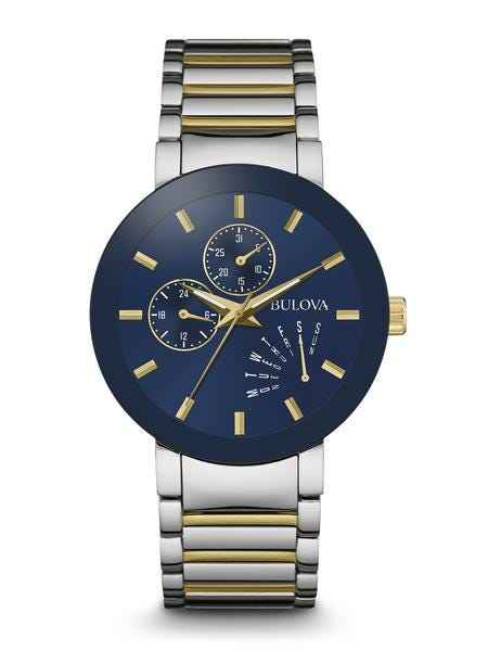 Bulova Men's Blue Dial Watch with Gold Accents and Two-Tone Stainless Steel Band