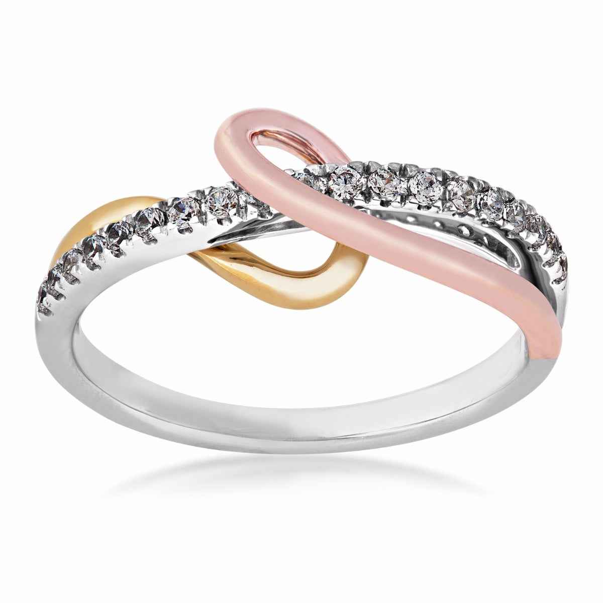 1/5 ct. tw. Round Diamond Swirl Crossover Ring in 10K Tri-Tone Gold