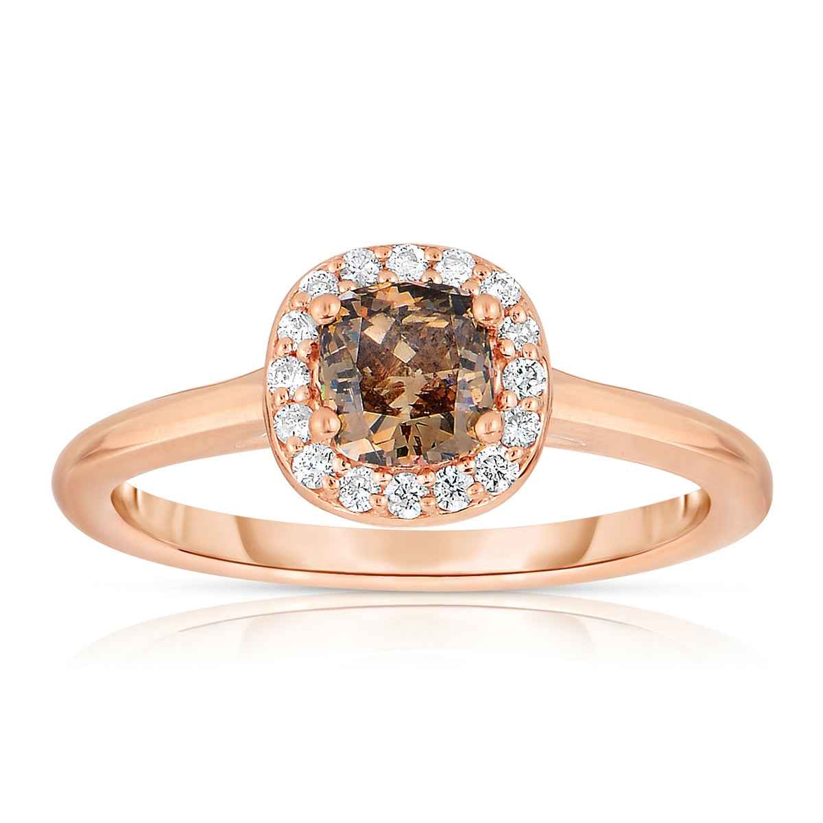 Mocha Lux 3/4 ct. tw. Cushion Cut Mocha Engagement Ring with Cushion Cut White Diamond Halo in 14K Pink Gold