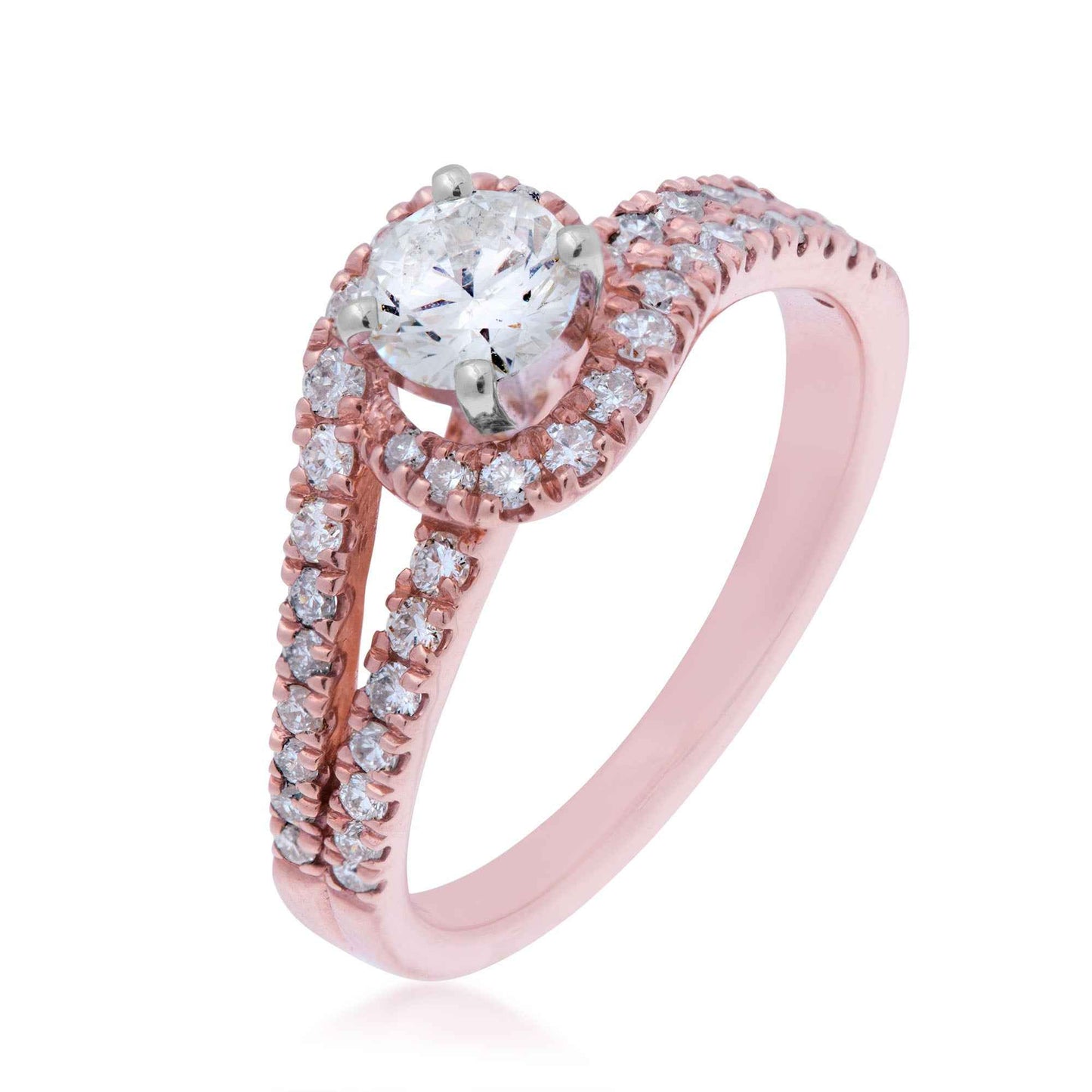 1 ct. tw. Round Brilliant Diamond Engagement Ring with Spiraled Halo & Split Shank Band in 14K Pink Gold front view