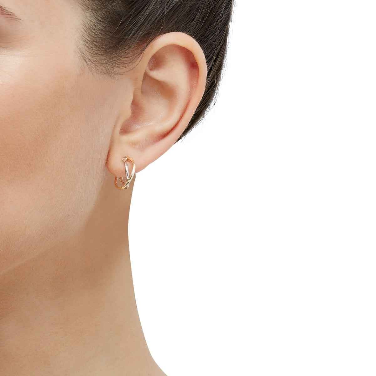 Crossover Double Hoop Earrings in 14K White & Yellow Gold close-up detail