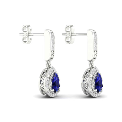 Blue Pear-Shaped Sapphire and 1/10 ct. tw. Diamond Halo Earrings with Milgrain and Filigree Design in 10K close-up detail