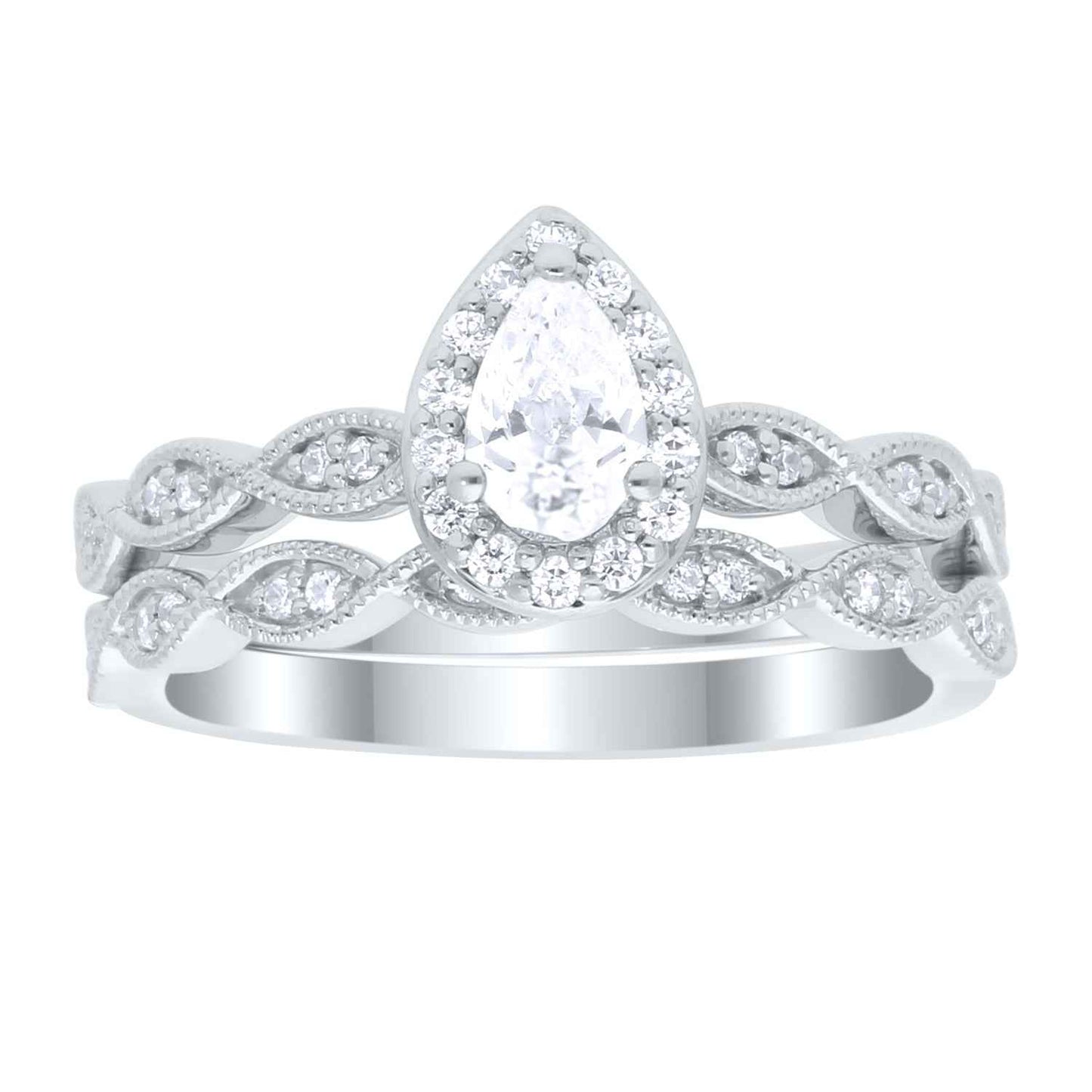 True Promise 1/2 ct. tw. Pear Diamond Halo Wedding Set with Milgrain Detailing in 10K White Gold