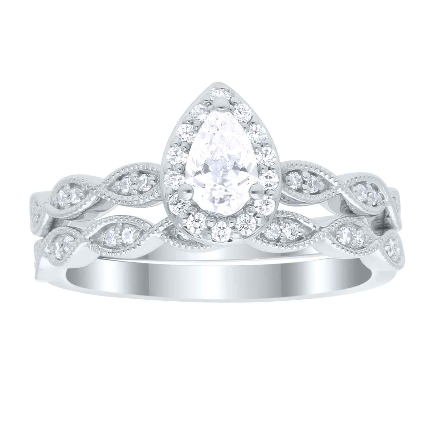 True Promise 1/2 ct. tw. Pear Diamond Halo Wedding Set with Milgrain Detailing in 10K White Gold
