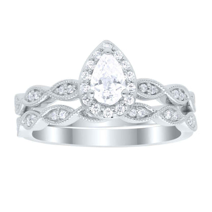 True Promise 1/2 ct. tw. Pear Diamond Halo Wedding Set with Milgrain Detailing in 10K White Gold