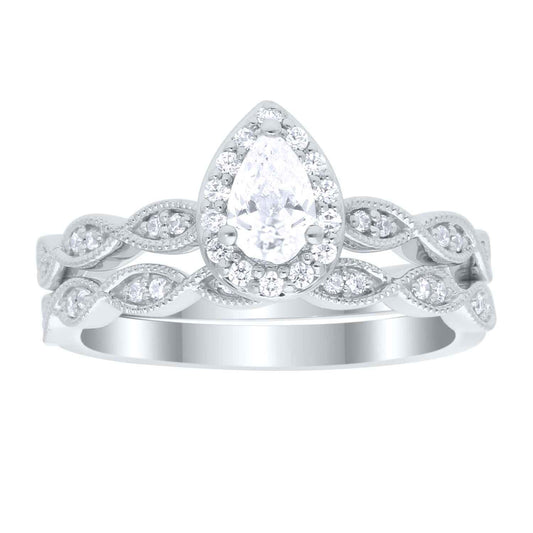 True Promise 1/2 ct. tw. Pear Diamond Halo Wedding Set with Milgrain Detailing in 10K White Gold