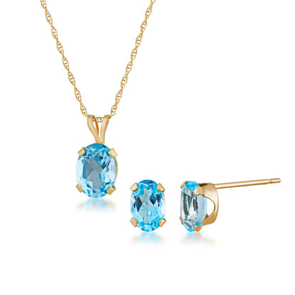 Blue Oval Topaz Pendant and Earring Set in 10K Yellow Gold