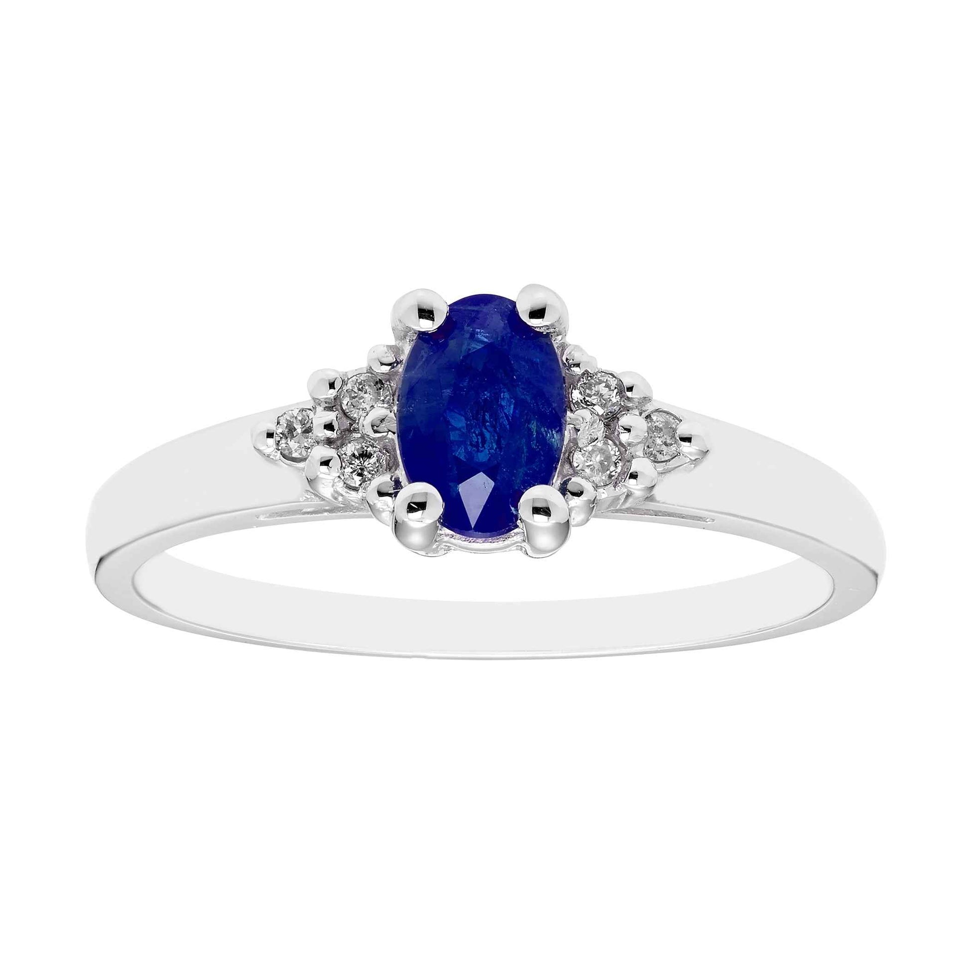 Genuine Oval Shaped Sapphire and .05 ct. tw. Diamond Ring in 10K White Gold
