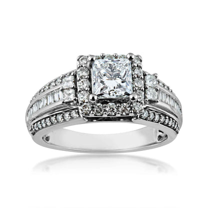 Natural 1-3/4 ct. tw. Princess Cut Diamond Halo Multirow Engagement Ring in 14K White Gold