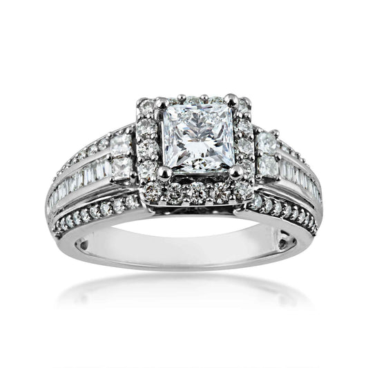 Natural 1-3/4 ct. tw. Princess Cut Diamond Halo Multirow Engagement Ring in 14K White Gold