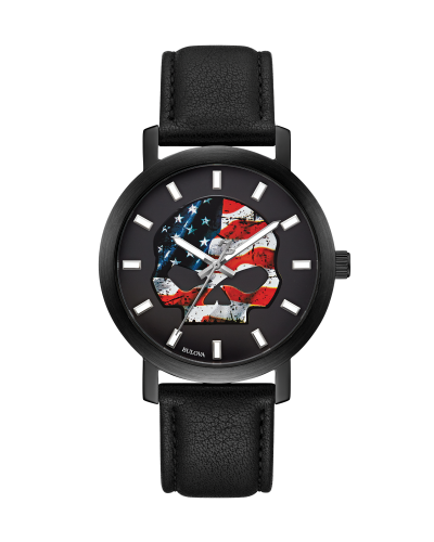 Harley Davidson Men's Americana Skull Watch with Black Leather Strap in Black IP Plated Stainless Steel