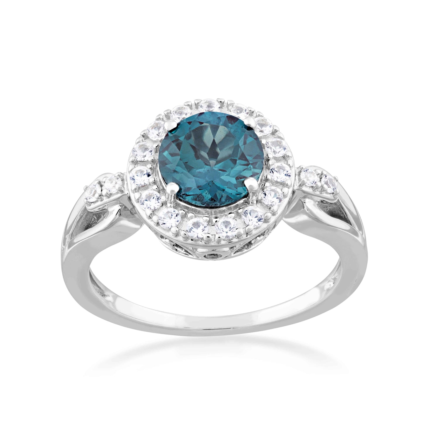Created Round Alexandrite & White Sapphire Halo Ring in Sterling Silver