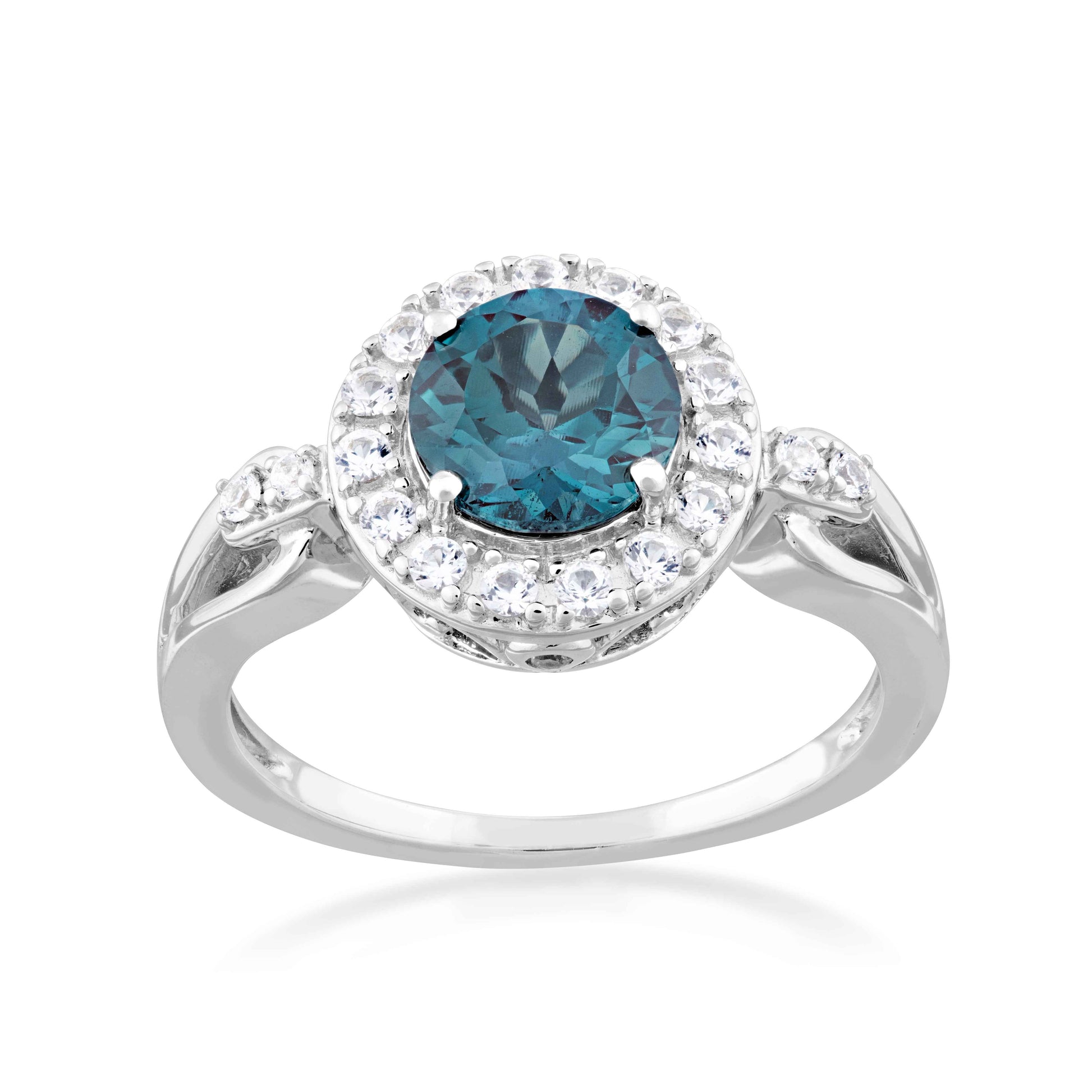 Created Round Alexandrite & White Sapphire Halo Ring in Sterling Silver