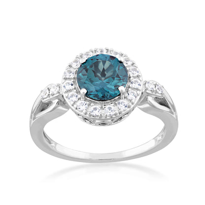 Created Round Alexandrite & White Sapphire Halo Ring in Sterling Silver
