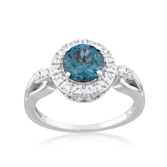 Created Round Alexandrite & White Sapphire Halo Ring in Sterling Silver