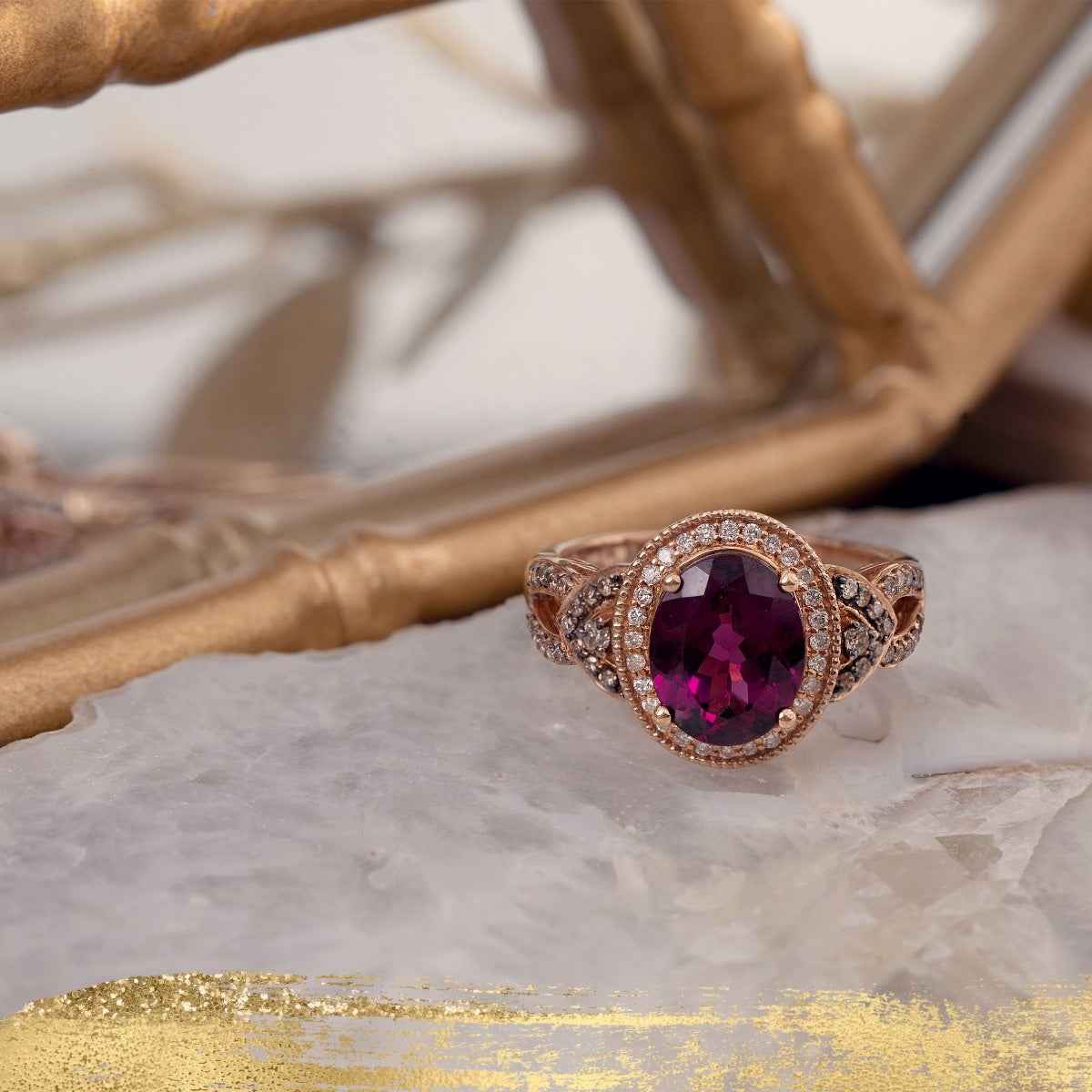 Oval Rhodolite Garnet and 3/8 ct. tw. Mocha and White Diamond Ring in 14K Pink Gold close-up detail