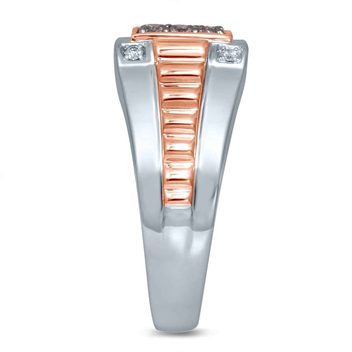 Men's 1/2 ct. tw. Round Mocha & White Cluster Diamond Wedding Band with Square Signet Style Setting in 10K Pink front view