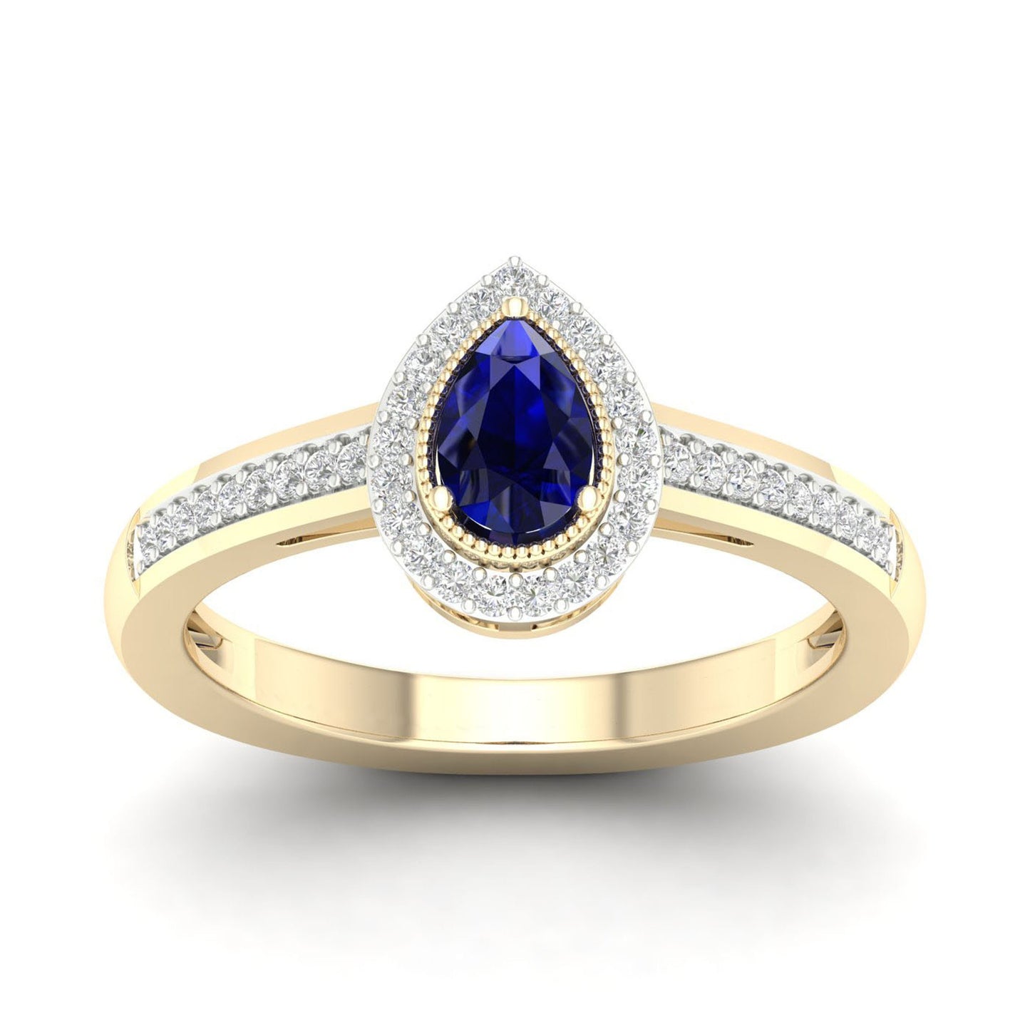 Blue Pear-Shaped Sapphire and 1/8 ct. tw. Diamond Halo Ring with Milgrain and Filigree Design in 10K Yellow Gold
