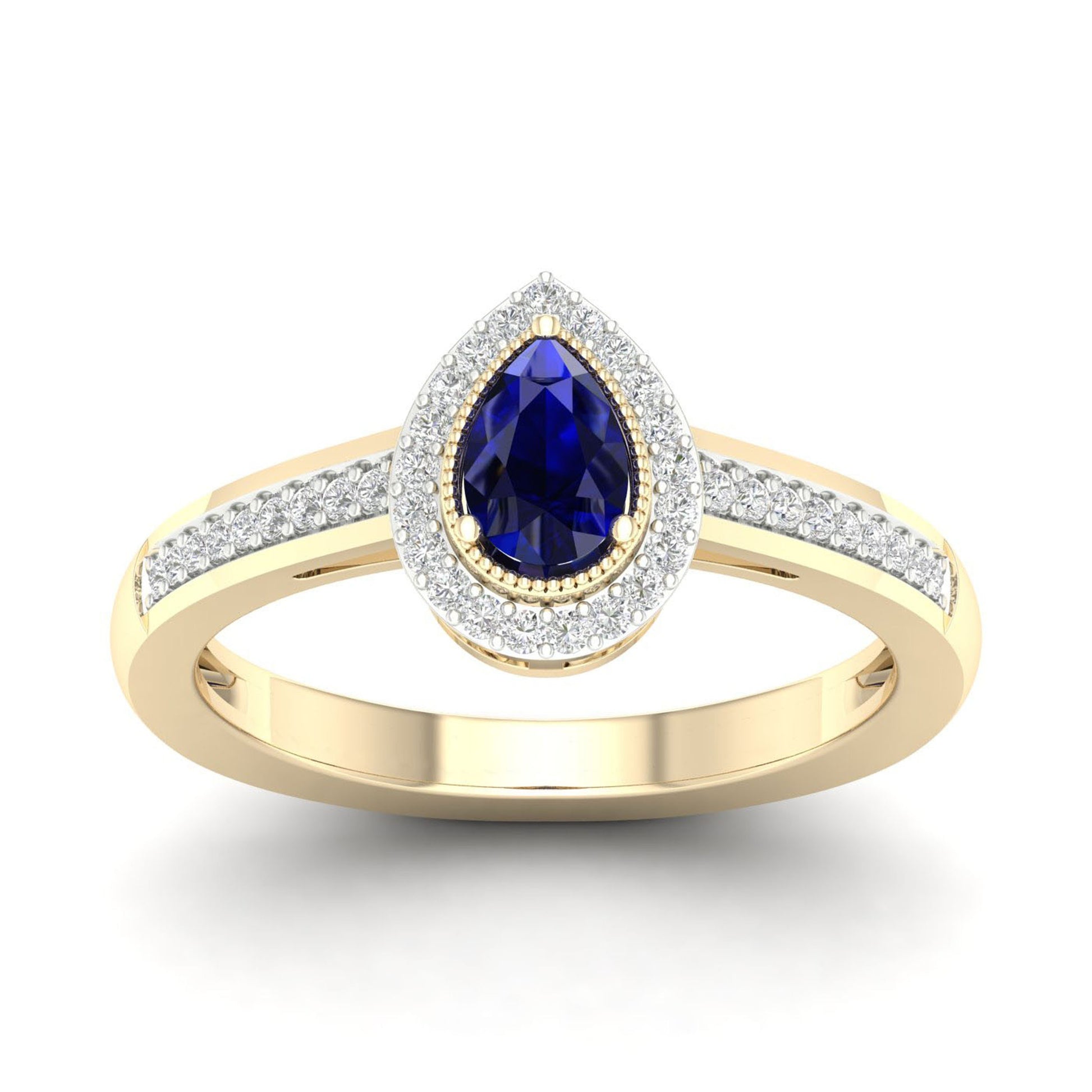 Blue Pear-Shaped Sapphire and 1/8 ct. tw. Diamond Halo Ring with Milgrain and Filigree Design in 10K Yellow Gold