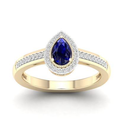 Blue Pear-Shaped Sapphire and 1/8 ct. tw. Diamond Halo Ring with Milgrain and Filigree Design in 10K Yellow Gold
