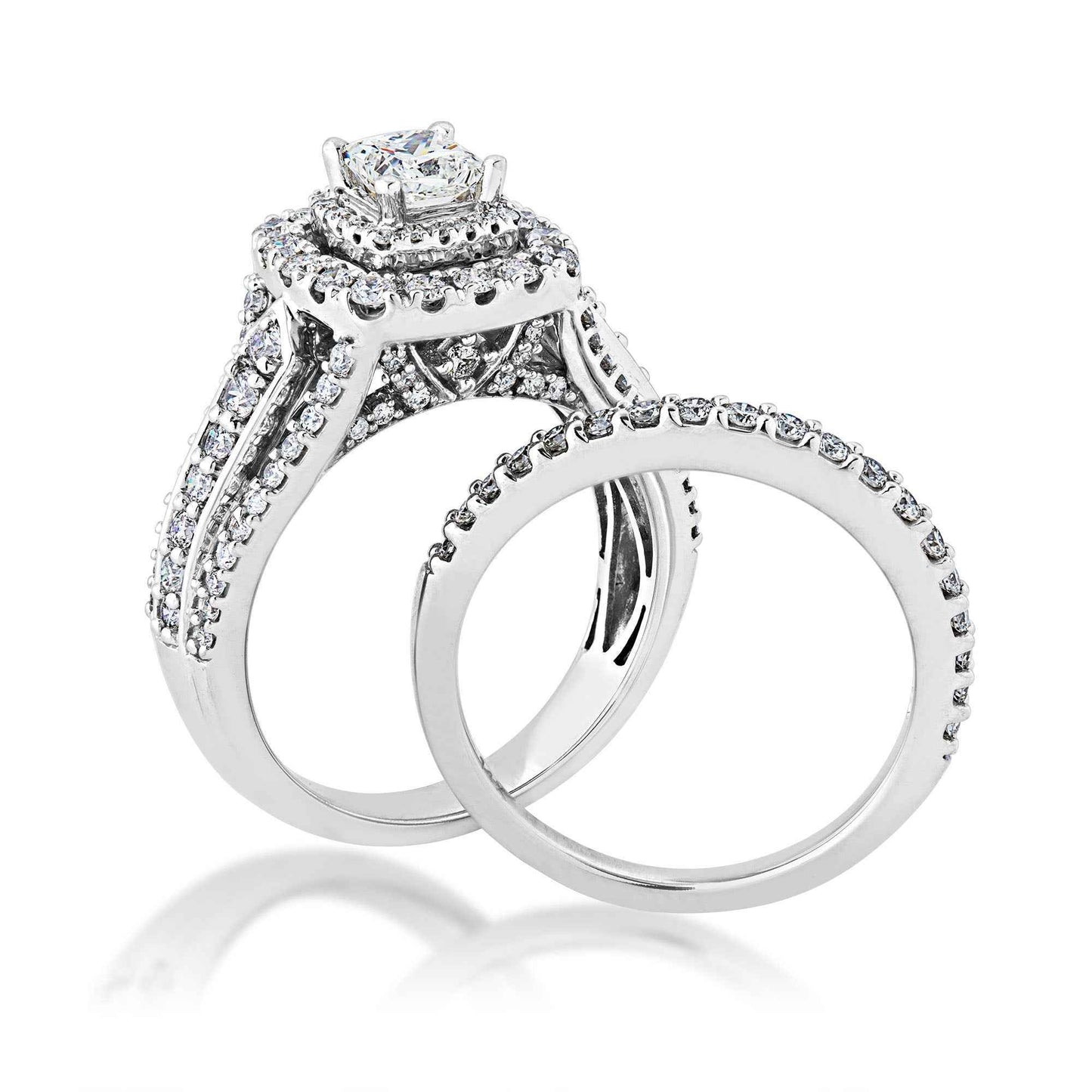 Natural 1-3/4 ct. tw. Princess Cut Diamond Double Halo Wedding Set in 14K White Gold close-up detail